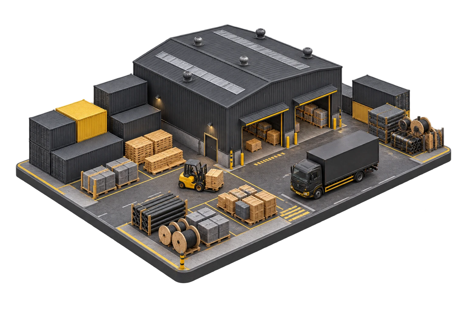 Concept illustration of a trading warehouse, containers, materials and delivery equipment